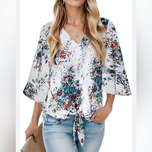 Lovestitch boho kimono Vneck tie front floral womens relaxed fit top Medium